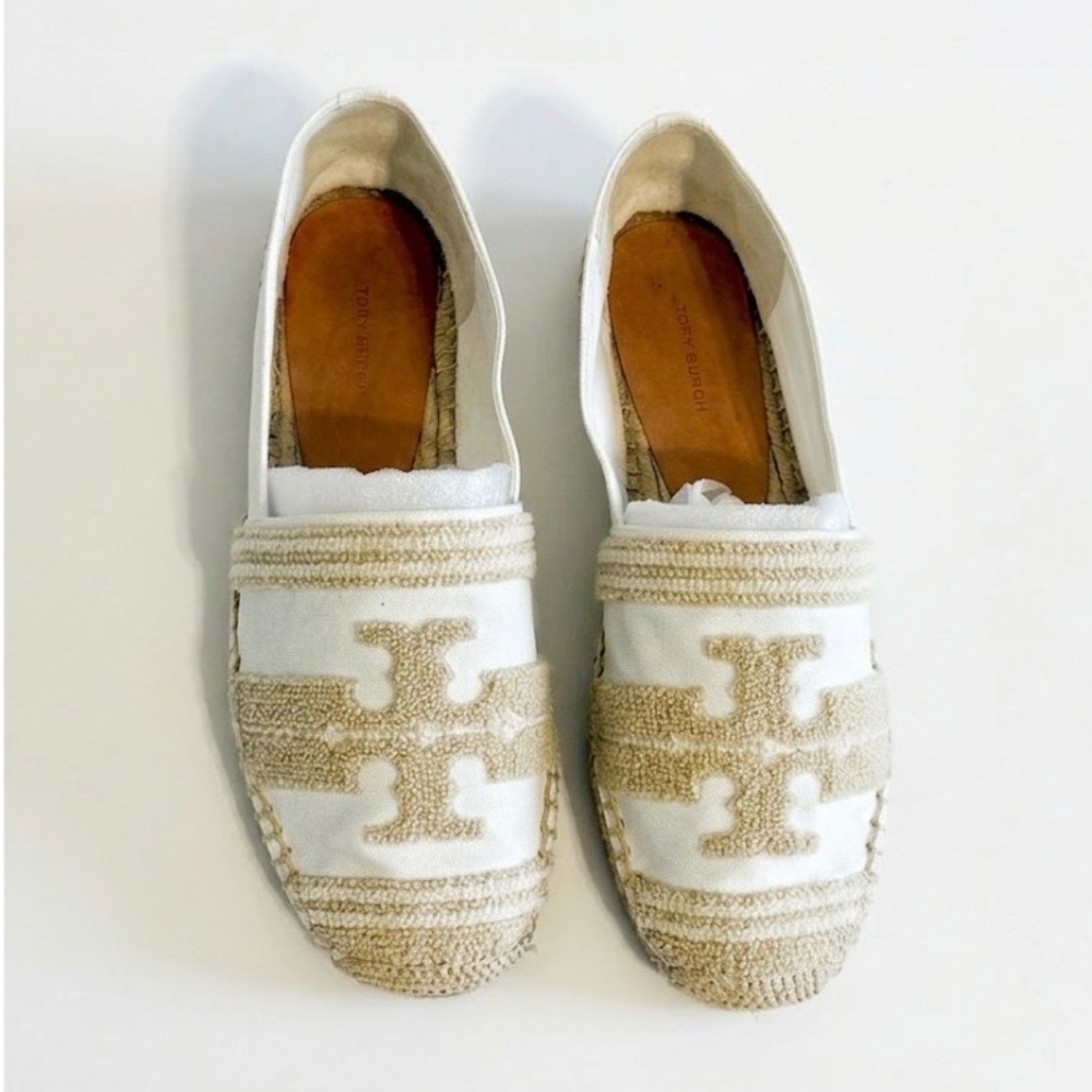 Tory Burch Ines Double T Canvas Espadrilles White Coastal Tan Flat Sz 10 Summer